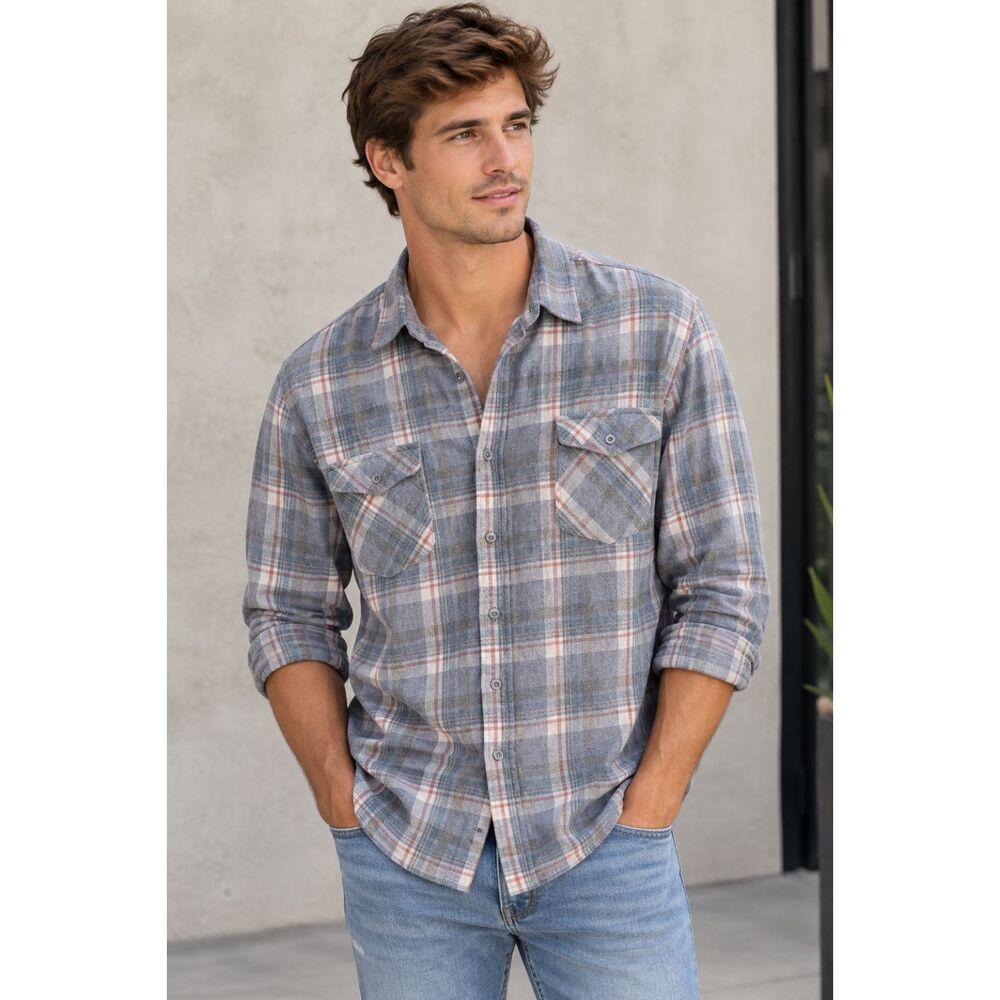 Molokai Surf Co Men’s Large Blue Gray Plaid Long Sleeve Button Up Shirt